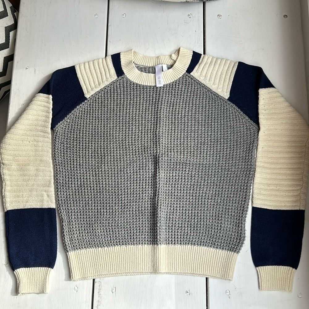 SI-IAE Blue Ivory & Grey Cotton & Cashmere Crew Sweater size S/P